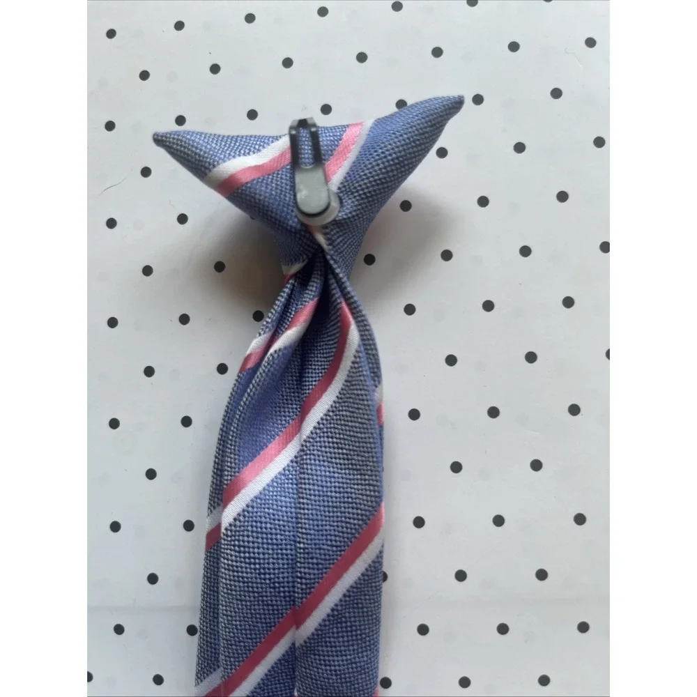 Boys Clip On Tie Blue Pink White Stripe Kids Preppy Wedding Church School